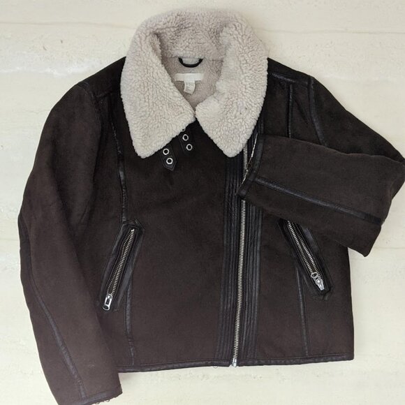 H&M Faux Suede Sherpa Women's Aviator Jacket Size 14 Bomber ZIPPER BUCKLES EUC! - Picture 1 of 2